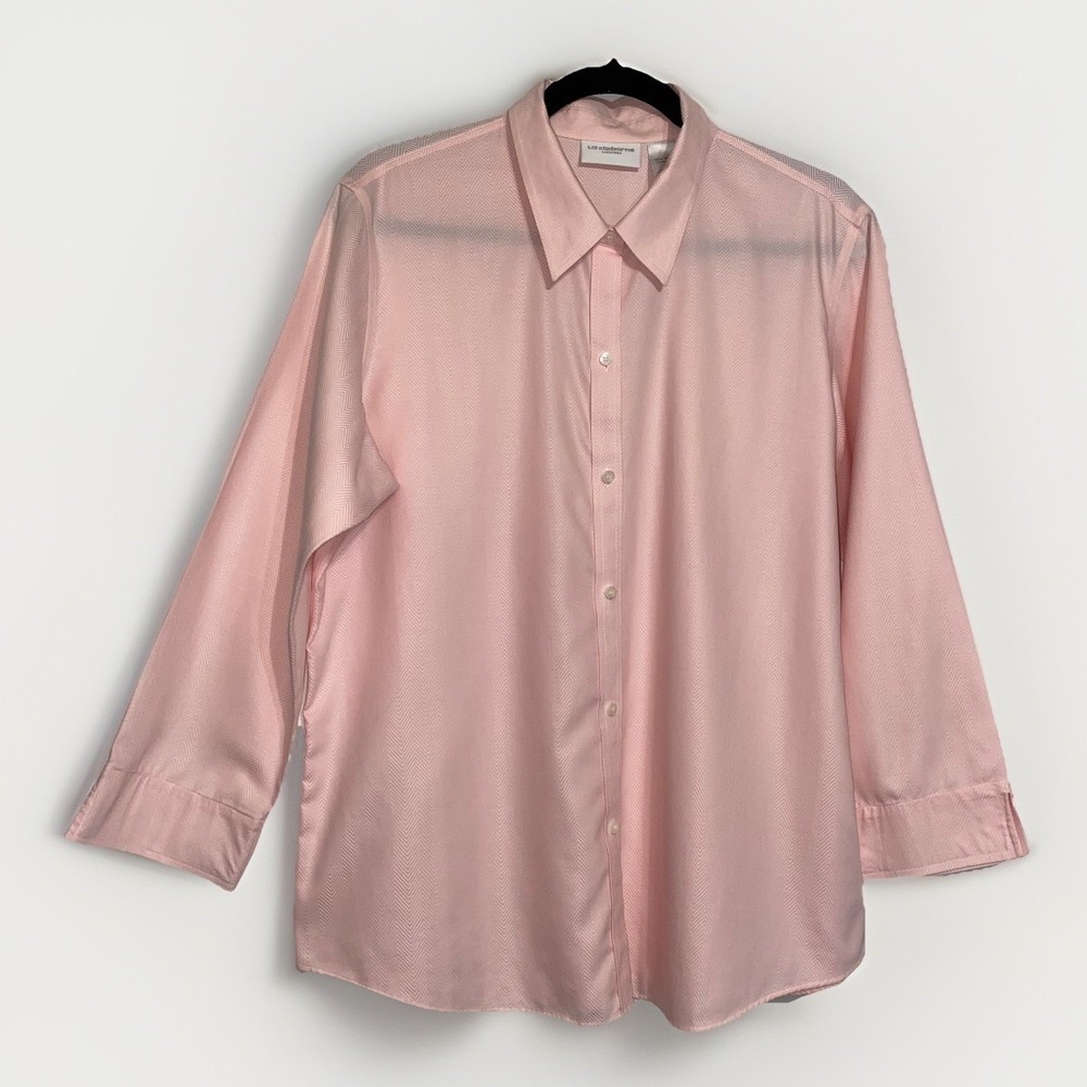 Liz Claiborne Non Iron Blouse Size 14 Pink Cotton Long Sleeve Button-Up Top